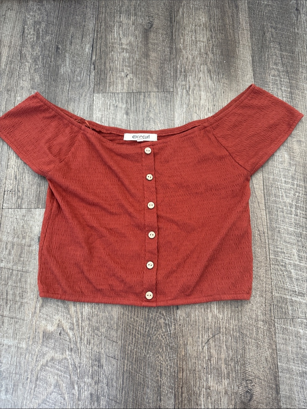Rip Curl Rust Red Off-Shoulder Button-Front Crop Top
